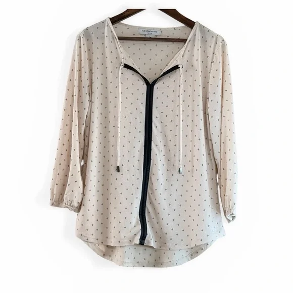 Liz Claiborne Petite PM Cream Diamond Print Tie-Neck Blouse Top - Picture 1 of 6
